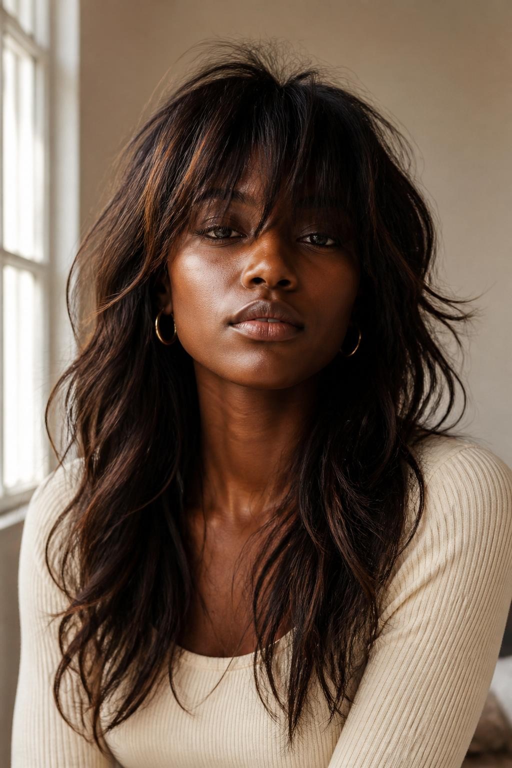 A realistic editorial portrait of a Black woman with deep brown skin wearing an airy wolf cut with messy textured fringe, dark espresso brown hair with soft bronze ribbons through the front layers, fringe falling lightly over the brows and slightly touching the lashes in separated wispy pieces, cheekbone-length side layers, shaggy volume through the crown, longer textured layers falling past the shoulders, natural root lift, loose undone waves, soft flyaways, small gold hoop earrings, cream ribbed top, photographed near a large window with warm daylight, neutral beige background, visible skin texture, realistic hair movement, DSLR-style portrait, not overly polished or plastic-looking.