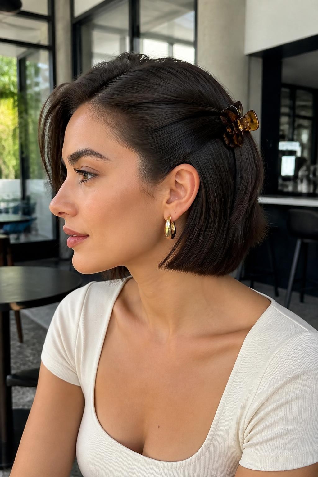 Image Prompt:
A realistic fashion beauty photo of a woman with a short glossy dark brown bob styled with one side tucked back and secured using a small amber flat claw clip above the ear, soft side part, smooth finish, gold earrings, fitted cream top, modern cafe background, natural daylight, chic short hairstyle inspiration, high-resolution DSLR photo, no text, (no watermarks on images)