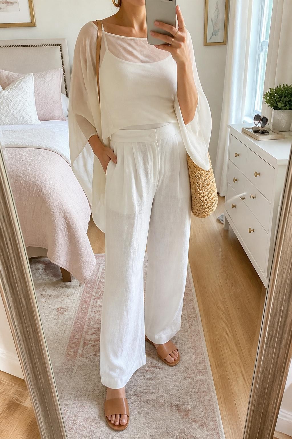 mirror selfie of a woman wearing an ivory sheer chiffon poncho layered over a white fitted camisole, white high-waisted linen pants, tan leather slide sandals, woven straw shoulder bag, and gold hoop earrings, clearly showing the same clothing items, colors, fabrics, and accessories listed in the Outfit Pieces section, holding a phone in front of a mirror, cropped at NECK so the face does not show, with a relaxed casual selfie pose, in a feminine-themed bedroom, natural window light, including sunglasses placed on a dresser and a small plant on a dresser, latest iPhone photo quality.