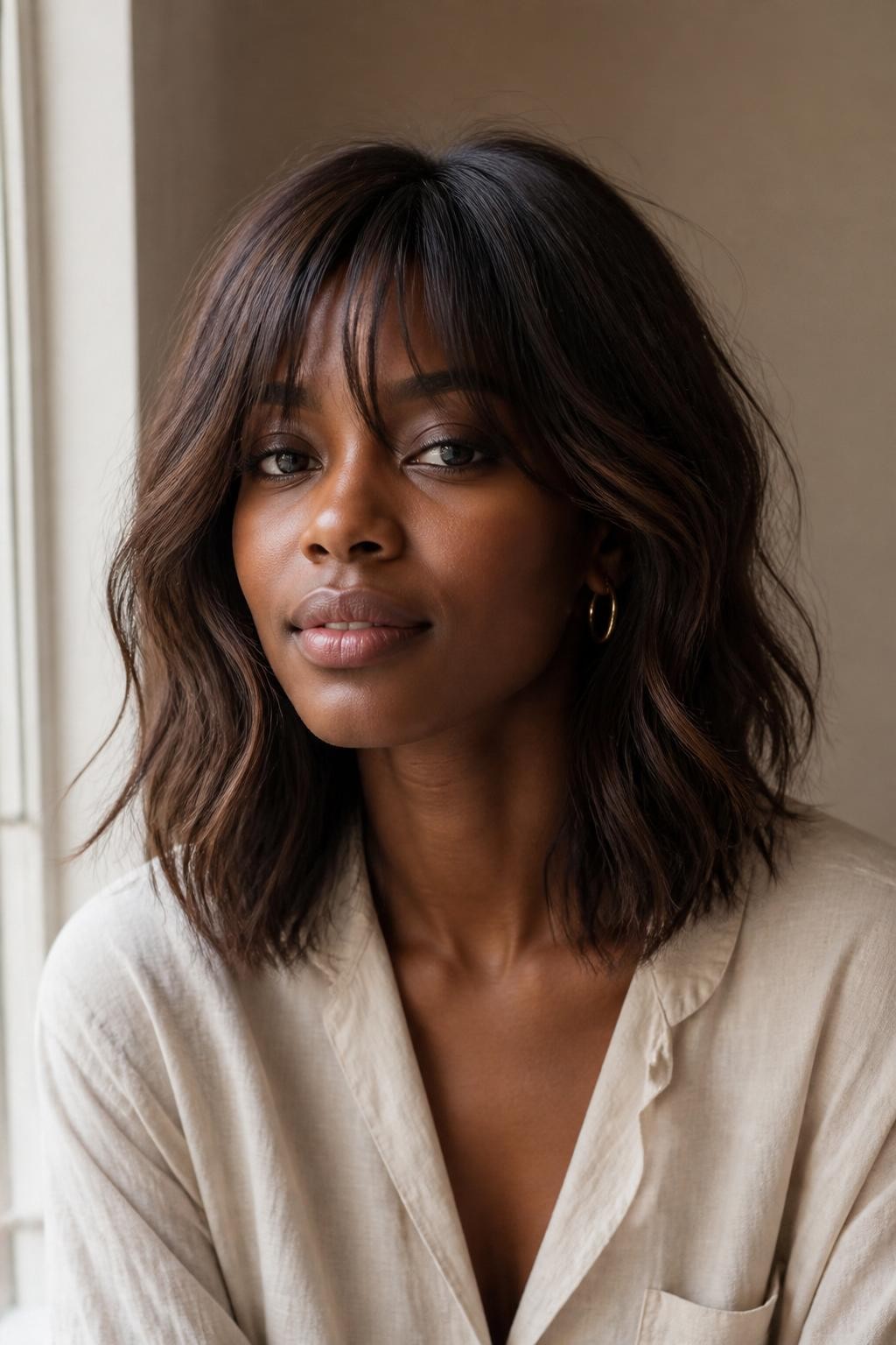A realistic editorial portrait of a Black woman with deep brown skin wearing soft French wispy bangs and collarbone-length loose waves, rich espresso brown hair with subtle warm chestnut ribbons, bangs lightly feathered across the forehead with longer pieces blending into the cheekbones, middle part hidden slightly by the airy fringe, soft waves starting below the eyes and falling to the collarbone, natural volume at the roots, lightly textured ends, small gold hoop earrings, cream linen blouse, photographed near a tall window with soft daylight, neutral beige background, natural skin texture, realistic flyaways, DSLR-style beauty portrait, not overly polished or AI-perfect.