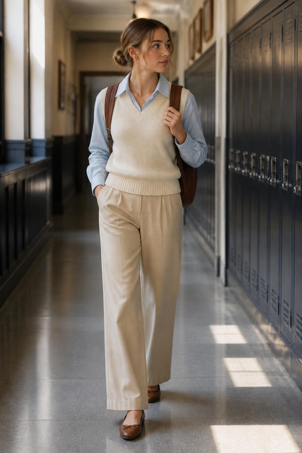Image Prompt:
A neat old money school outfit showing a teen girl wearing a cream sweater vest layered over a pale blue button-down shirt, beige wide-leg trousers, brown ballet flats, a structured brown backpack, a simple gold necklace, and a low bun with face-framing pieces. She is walking through a school hallway with lockers, soft window light, and a clean preppy academic mood. Realistic editorial fashion photo, full-body outfit, polished student styling, no text, no watermark.