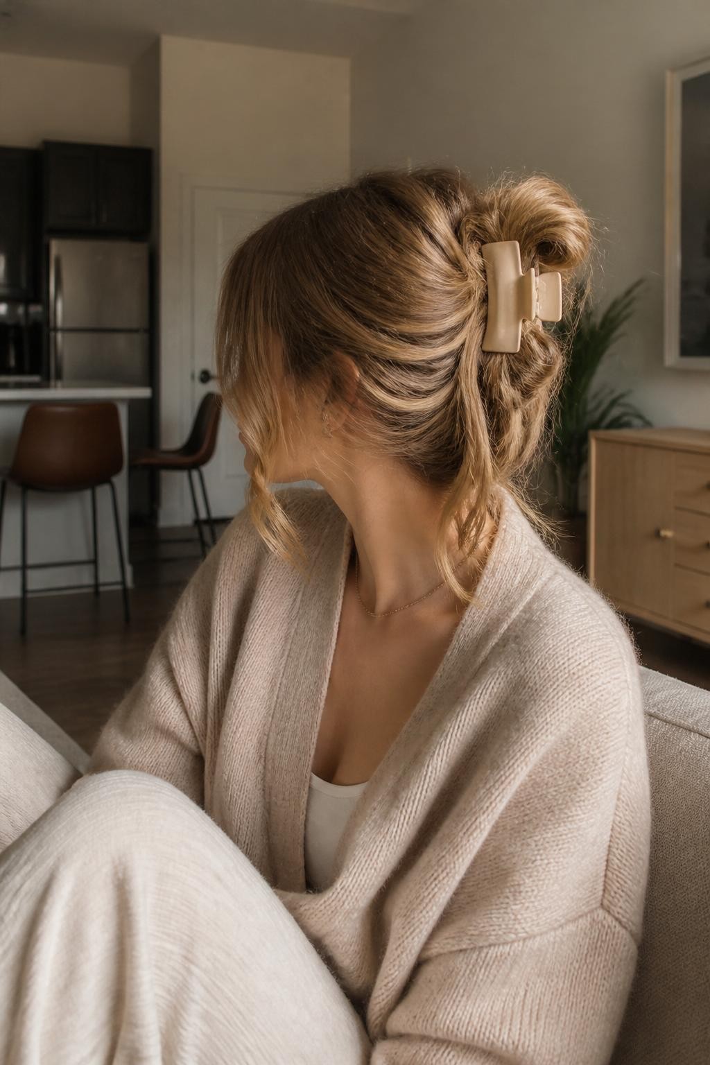 Image Prompt:
A realistic casual hairstyle photo of a woman with long dark blonde layered hair styled into a messy bun secured with a large flat beige claw clip, soft ends spilling out over the clip, loose layers around the face and neck, oversized cardigan, relaxed apartment setting, warm morning light, cozy Pinterest hairstyle inspiration, high-resolution DSLR photo, no text, (no watermarks on images)