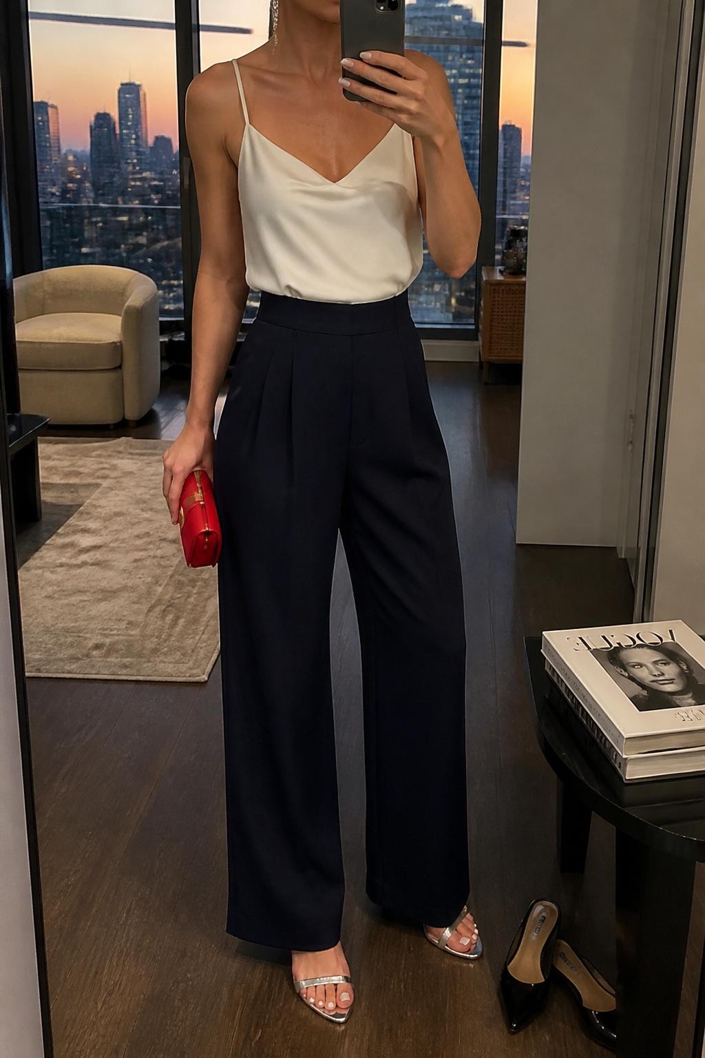 Image Prompt:
mirror selfie of a woman wearing a white satin camisole with thin straps, navy high-waisted wide-leg pants, silver heeled sandals, a red mini clutch bag, and silver statement earrings, clearly showing the same clothing items, colors, fabrics, and accessories listed in the Outfit Pieces section, holding a phone in front of a mirror, cropped at NECK so the face does not show, with a relaxed casual selfie pose, in a stylish city apartment, evening golden hour, with a pair of heels on the floor nearby and a stack of fashion magazines on a side table, natural casual mirror selfie, not staged, latest iPhone photo quality.
