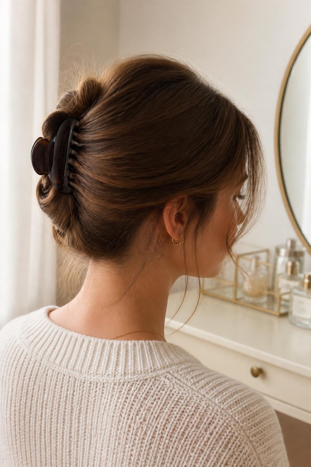 Image Prompt:
A realistic editorial hairstyle photo of a woman with medium-length brunette hair styled into a loose French roll secured with a banana clip, smooth crown, softly tucked ends, a few wispy strands near the temples, ivory knit sweater, neutral vanity background, warm natural window light, polished chic hairstyle inspiration, high-resolution DSLR photo, no text, (no watermarks on images)