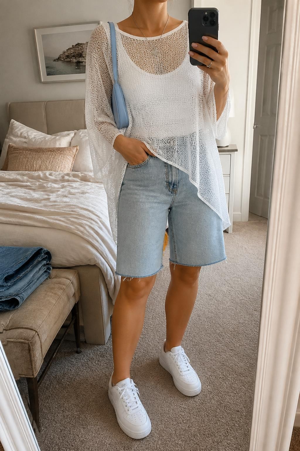 mirror selfie of a woman wearing a white sheer mesh poncho layered over a white ribbed tank top, light wash denim Bermuda shorts, white low-top sneakers, pale blue mini shoulder bag, and delicate silver necklace, clearly showing the same clothing items, colors, fabrics, and accessories listed in the Outfit Pieces section, holding a phone in front of a mirror, cropped at NECK so the face does not show, with a relaxed casual selfie pose, in a cozy bedroom mirror setup, soft indoor lighting, including soft pillows on an unmade bed and folded denim jeans on a bench, latest iPhone photo quality.