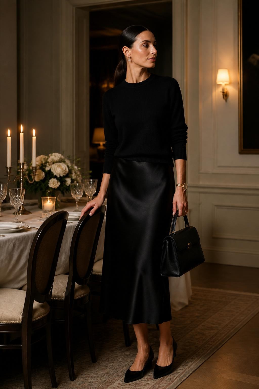Image Prompt:
A graceful black old money outfit featuring a woman wearing a soft black cashmere crewneck sweater tucked lightly into a black satin midi skirt, black pointed flats, a structured black handbag, pearl drop earrings, a gold watch, and a sleek low ponytail. She is standing near a candlelit dining table with white flowers, crystal glasses, and soft evening light. Realistic editorial fashion photo, rich black-on-black texture mix, elegant quiet luxury outfit, no text, no watermark.