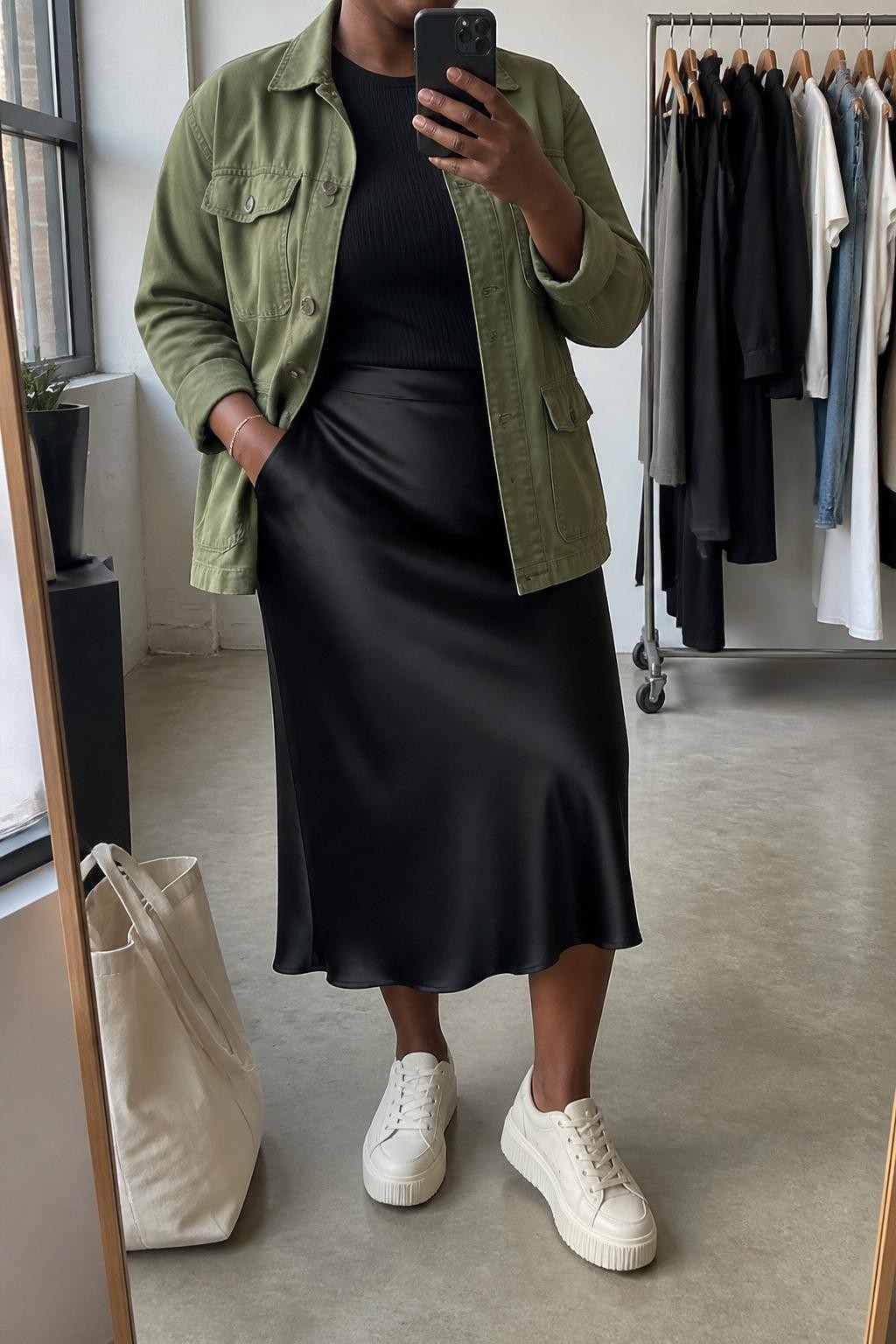mirror selfie of a plus size Black woman wearing the exact outfit described above, an olive green cotton twill utility jacket over a fitted black ribbed tee, black satin midi slip skirt, cream leather platform sneakers, and natural beige canvas tote bag, clearly showing the same clothing items, colors, fabrics, and accessories listed in the Outfit Pieces section, holding a phone in front of a mirror, cropped at NECK so the face does not show, with a relaxed casual selfie pose, in a fashion studio mirror corner, natural window light, including a tote bag resting on the floor and clothing rack with garments behind, latest iPhone photo quality.