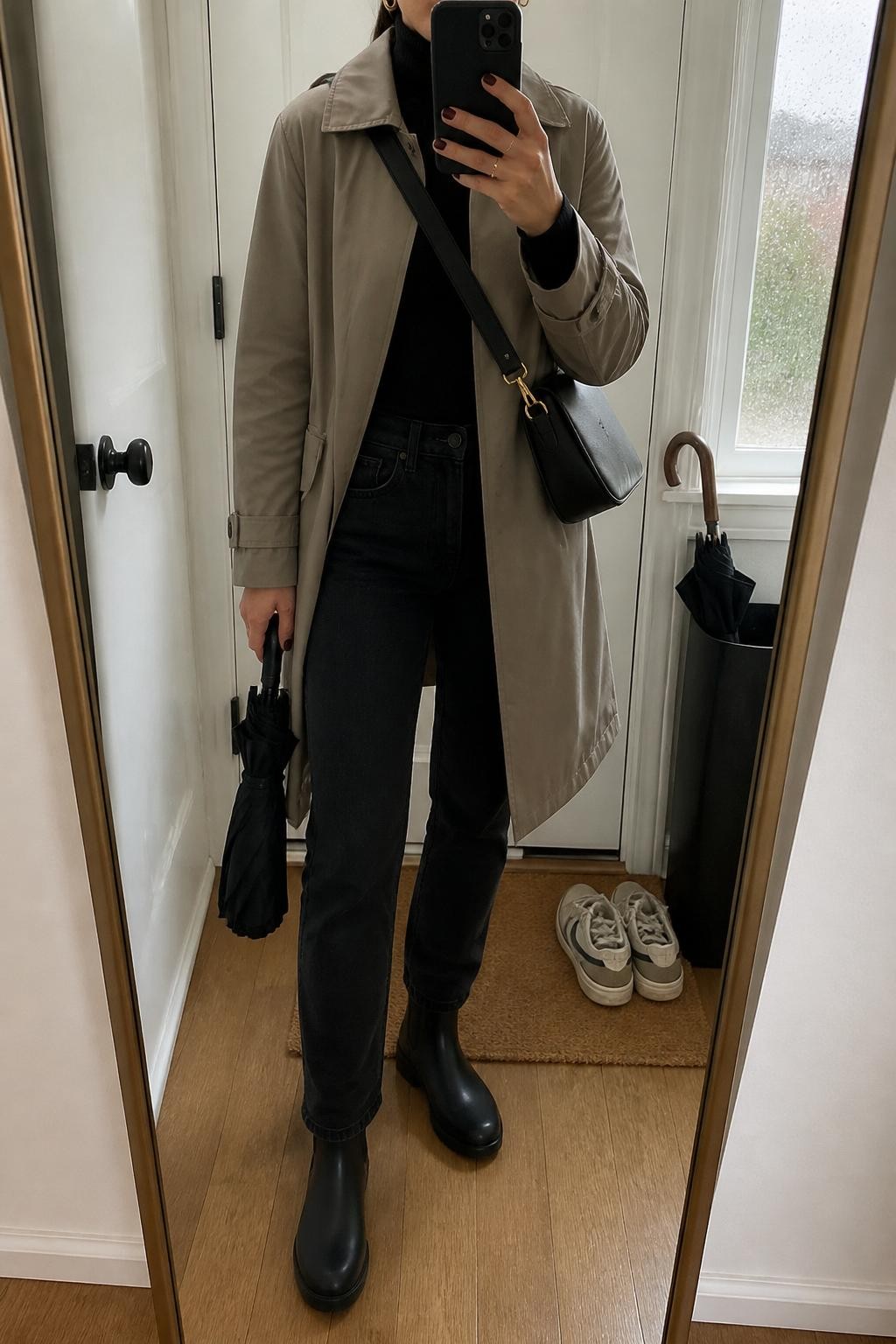 mirror selfie of a woman wearing the exact outfit described above, clearly showing a taupe water-resistant trench coat layered over a fitted black turtleneck, black straight-leg jeans, black rubber Chelsea rain boots, a structured black crossbody bag, a compact black umbrella in hand, and small gold hoop earrings, holding a phone in front of a mirror, cropped at NECK so the face does not show, with a relaxed casual selfie pose, in a cozy apartment entryway mirror, soft gray rainy window light, with a wet umbrella stand near the door and a pair of shoes on a mat, latest iPhone photo quality.