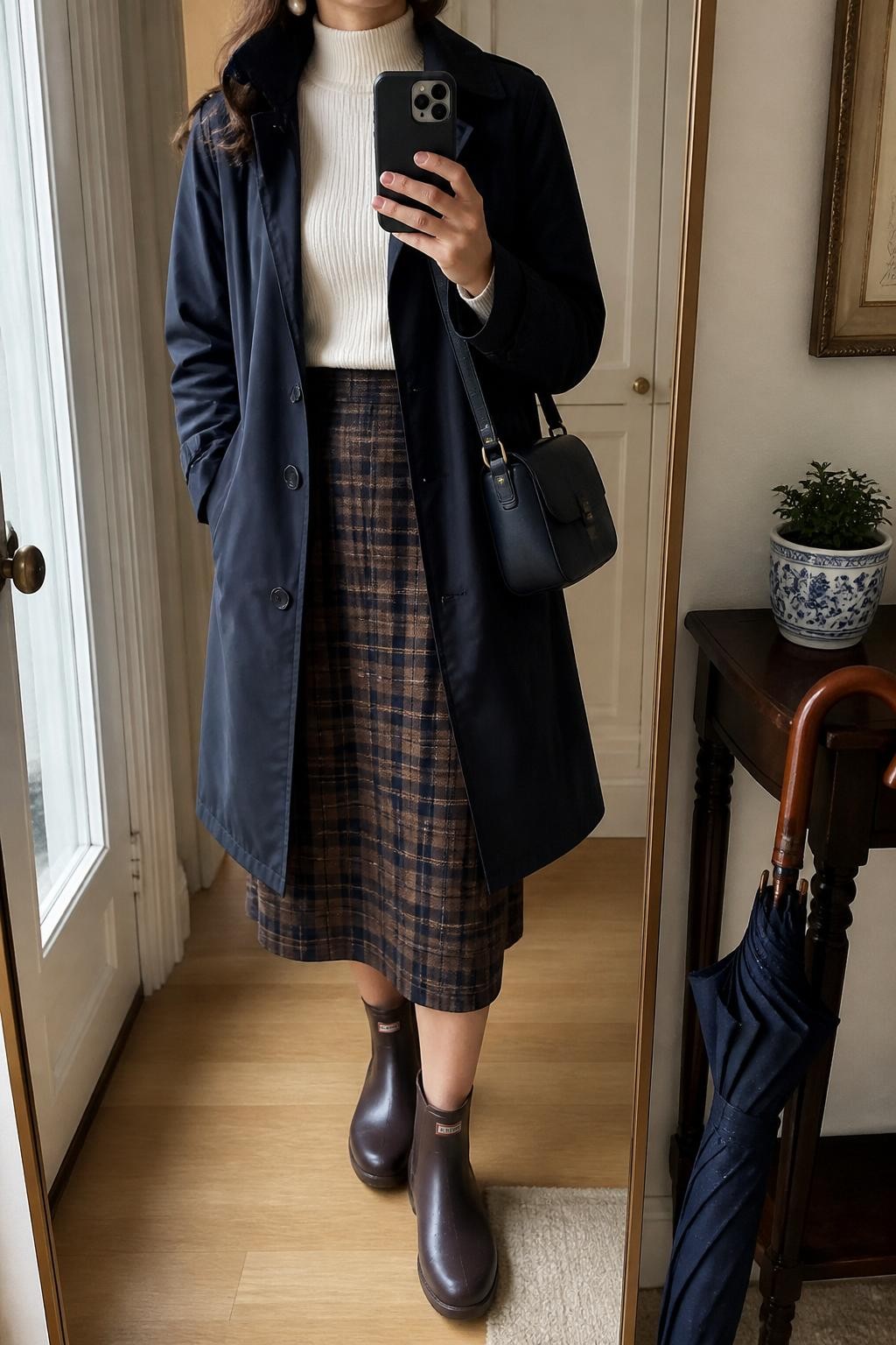 mirror selfie of a woman wearing the exact outfit described above, clearly showing a navy rain trench layered over a fitted ivory mock-neck sweater, brown and navy plaid midi skirt, dark brown rubber ankle boots, a navy leather crossbody bag, and pearl stud earrings, holding a phone in front of a mirror, cropped at NECK so the face does not show, with a relaxed casual selfie pose, in a feminine apartment hallway mirror, soft natural rainy light, with an umbrella leaning beside the mirror and a small plant on a console table, latest iPhone photo quality.
