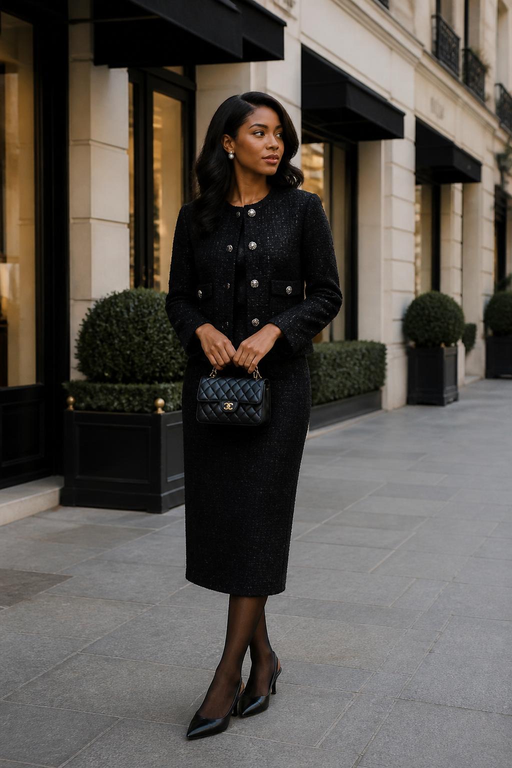 Image Prompt:
A polished old money outfit featuring a Black woman wearing a black tweed jacket with pearl buttons, a matching black straight midi skirt, sheer black tights, black slingback heels, a small quilted black handbag, pearl earrings, and soft curled hair. She is standing in a luxury boutique street setting with cream storefronts, black awnings, and soft daylight. Realistic editorial fashion photography, elegant tweed texture, refined feminine styling, no text, no watermark.