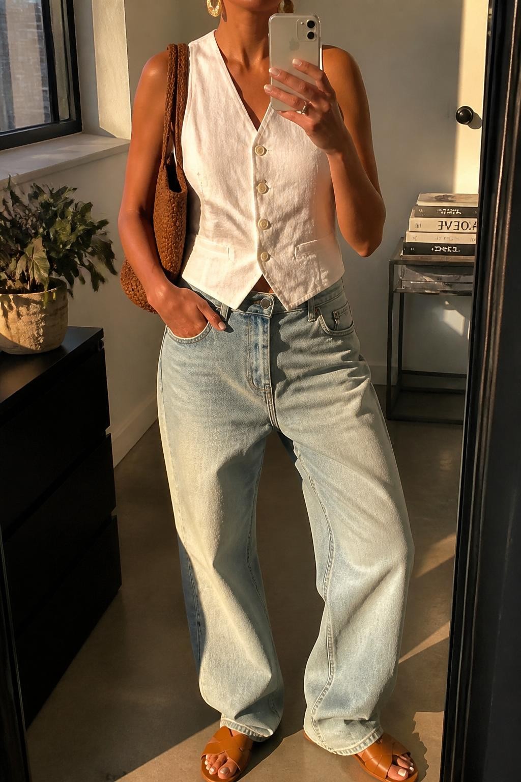 Outfit Image Prompt:
mirror selfie of a woman wearing a white linen button-front vest, baggy light-wash blue jeans, tan leather slide sandals, woven brown shoulder bag, and gold sculptural earrings, holding a phone in front of a mirror, cropped at NECK so the face does not show, relaxed polished selfie pose, in a fashion studio mirror corner, evening golden hour lighting, with a stack of fashion magazines on a side table and a small plant on a dresser, realistic latest iPhone photo quality, casual NYC summer styling.