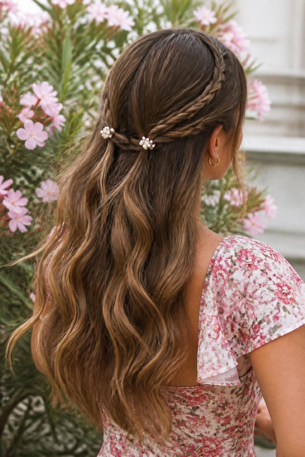 Image Prompt:
A realistic close-up hairstyle photo of a woman with long caramel brown hair styled with two thin front braids pulled back and secured with two tiny pearl mini claw clips at the sides, loose soft waves through the rest of the hair, floral dress, outdoor garden setting, warm natural light, romantic creative hairstyle inspiration, high-resolution DSLR photo, no text, (no watermarks on images)