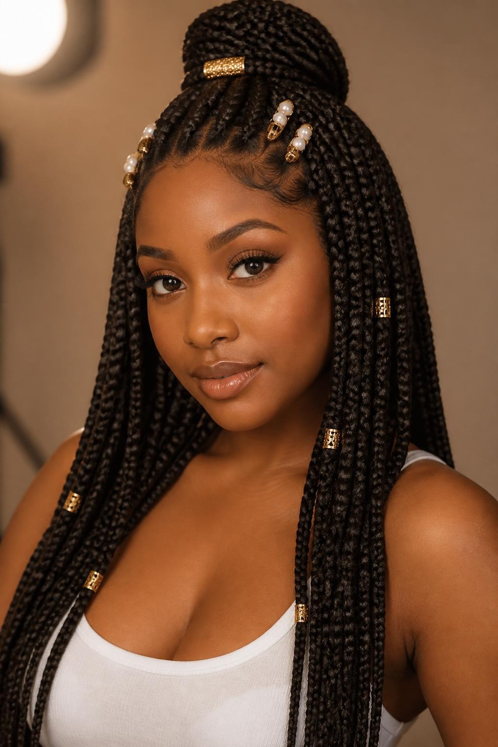 Image Prompt:
A realistic editorial portrait of a black woman with long knotless box braids styled half-up, several slim gold and pearl flat hair clips placed along the front braids and near the crown, lower braids flowing over the shoulders, gold braid cuffs, warm brown skin, white tank top, warm studio lighting, modern protective hairstyle inspiration, high-resolution DSLR photo, no text, (no watermarks on images)