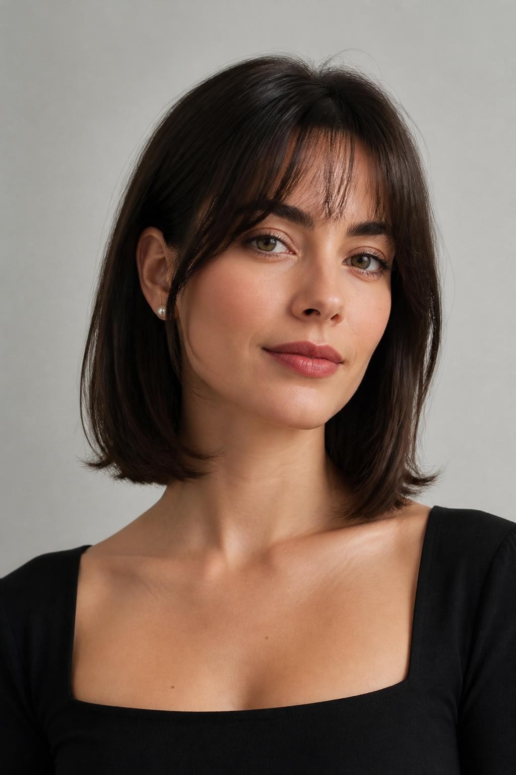 A realistic editorial portrait of a woman with fair skin wearing a sleek mini lob with French wispy bangs, cool dark brown hair, bangs lightly feathered and slightly see-through across the forehead, longer side pieces skimming the cheekbones, straight mini lob ending between the chin and collarbone, ends softly curved inward, smooth roots with natural shine, black square-neck top, pearl studs, photographed against a pale gray studio backdrop with soft lighting, realistic hair detail, natural skin texture, polished but not overly glossy.