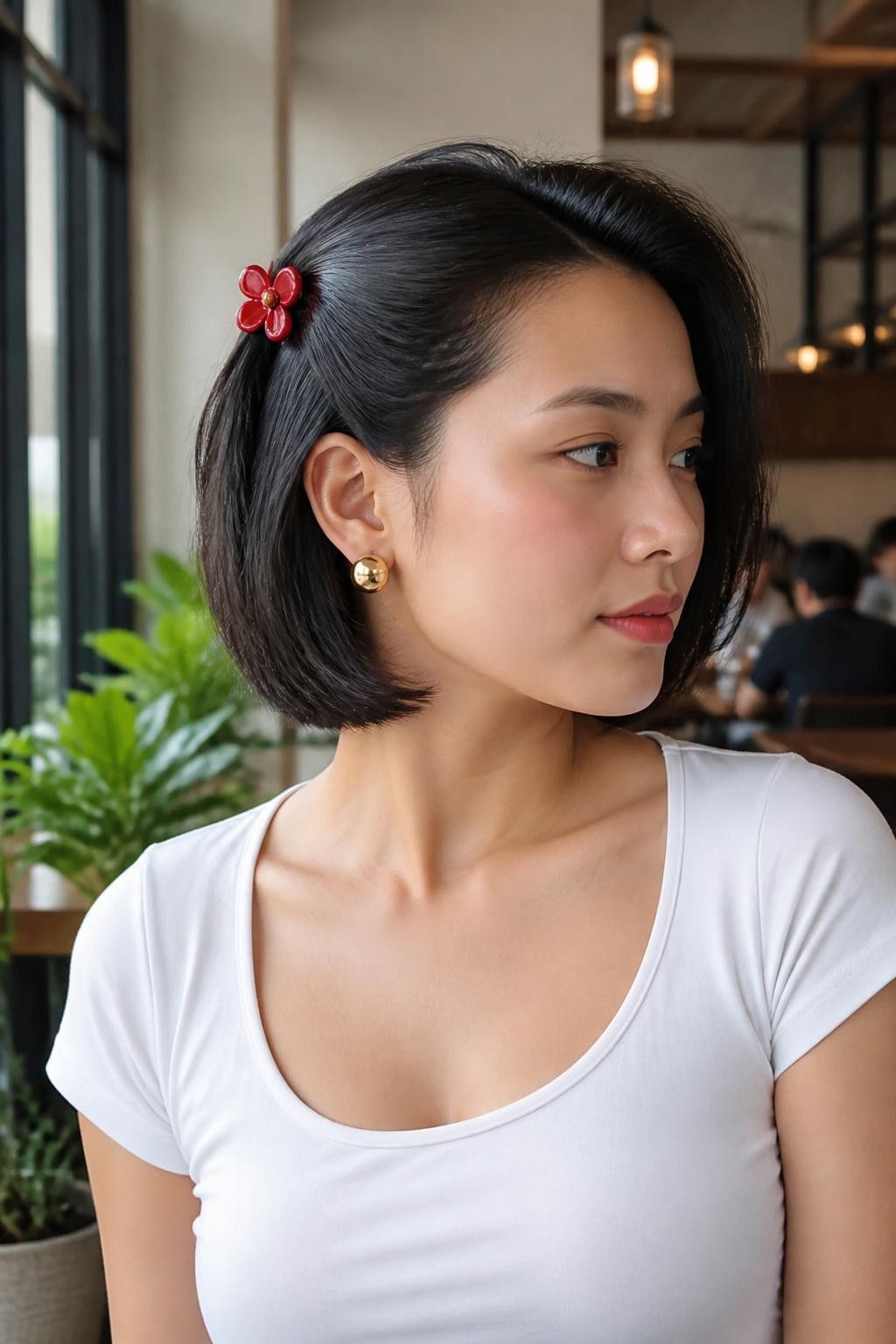 Image Prompt:
A realistic editorial hairstyle photo of a woman with short glossy black bob hair styled with a deep side part, one side swept back and secured with a small red flower claw clip near the temple, smooth shiny finish, gold earrings, fitted white top, modern cafe background, soft daylight, chic short hairstyle inspiration, high-resolution DSLR photo, no text, (no watermarks on images)A side-swept bob with a flower claw clip is simple, stylish, and perfect for shorter hair. One side is clipped back near the temple, which gives the bob a cleaner shape and lets the floral detail stand out.