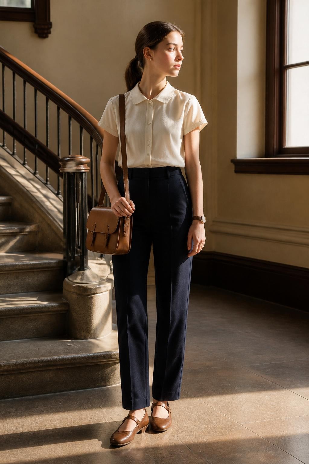 Image Prompt:
A polished old money school outfit featuring a teen girl wearing an ivory short-sleeve blouse with a small collar, navy tailored straight-leg pants, brown Mary Jane flats, a tan leather-look satchel bag, pearl stud earrings, a slim watch, and a neat low ponytail. She is standing near a school staircase with cream walls, wooden railings, and soft morning light. Realistic DSLR fashion editorial photo, full-body school outfit, classy student styling, no text, no watermark.