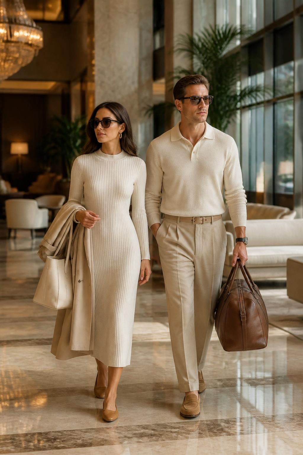 Image Prompt:
A polished old money travel couple outfit featuring a couple walking through a luxury hotel lobby with marble floors, large windows, cream sofas, and warm natural light. The woman wears a cream ribbed knit midi dress, beige trench coat draped over her arm, tan leather flats, a structured cream tote, gold hoops, and sleek sunglasses. The man wears a cream knit polo, beige pleated trousers, tan loafers, a brown leather weekender bag, a slim watch, and classic sunglasses. Both outfits should feel travel-ready, elegant, and coordinated in soft cream and beige tones. Realistic DSLR fashion editorial photo, full-body couple travel styling, no text, no watermark.