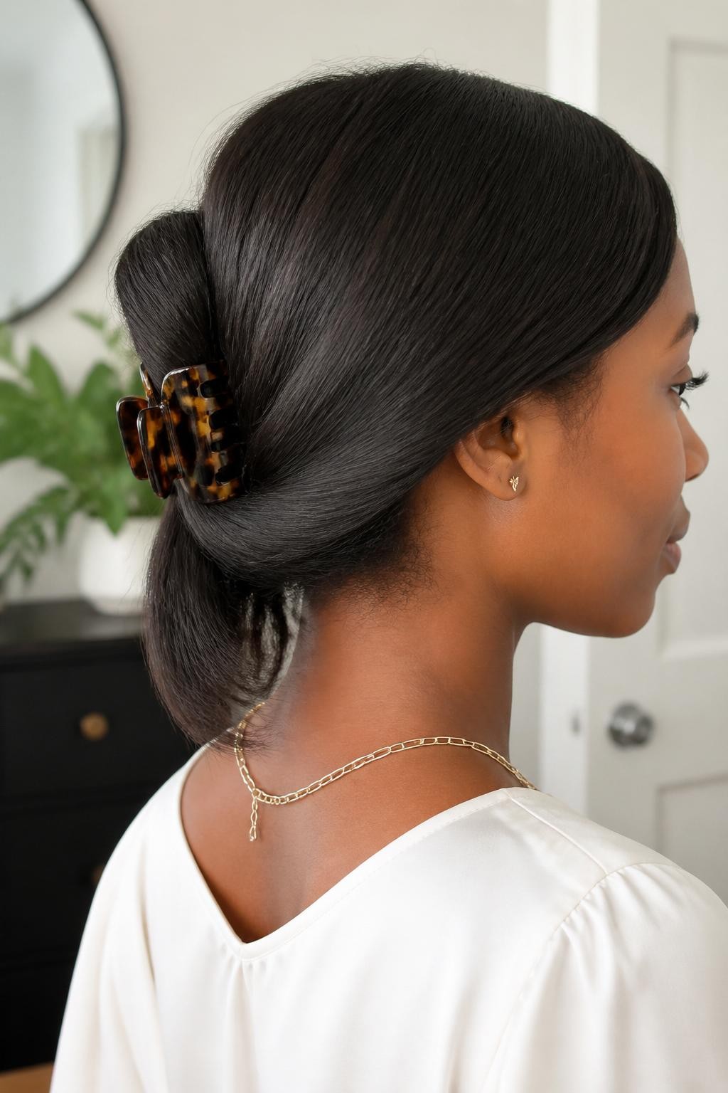 Image Prompt:
A realistic beauty photo of a black woman with medium-length relaxed hair styled into a low ponytail fold secured with a flat tortoiseshell claw clip, hair gathered and folded upward with the ends falling softly over the clip, smooth side part, warm brown skin, white blouse, gold chain necklace, clean indoor background, natural daylight, elegant everyday hairstyle inspiration, high-resolution DSLR photo, no text, (no watermarks on images)