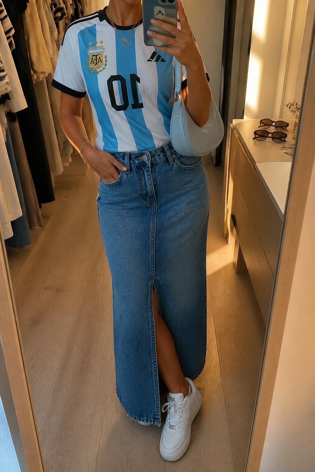 mirror selfie of a woman wearing a sky blue and white Argentina soccer jersey, medium blue denim maxi skirt with front slit, white leather sneakers, pale blue crescent shoulder bag, and delicate gold necklace, clearly showing the same clothing items, colors, fabrics, and accessories listed in the Outfit Pieces section, holding a phone in front of a mirror, cropped at NECK so the face does not show, with a relaxed casual selfie pose, in a walk-in closet mirror, evening golden hour, including an open closet with clothes visible and sunglasses placed on a dresser, latest iPhone photo quality.