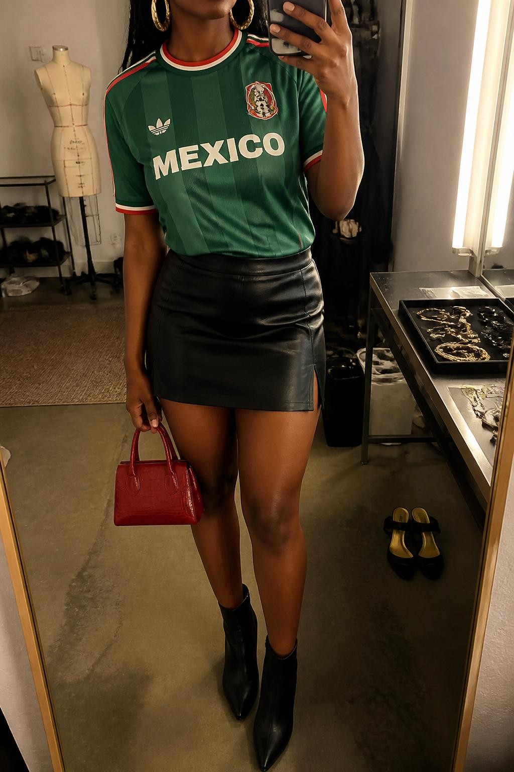 mirror selfie of a Black woman wearing a green Mexico soccer jersey, black faux leather mini skirt, black ankle boots, red mini handbag, and chunky gold hoop earrings, clearly showing the same clothing items, colors, fabrics, and accessories listed in the Outfit Pieces section, holding a phone in front of a mirror, cropped at NECK so the face does not show, with a relaxed casual selfie pose, in a fashion studio mirror corner, warm moody lighting, including a jewelry tray on the vanity and a pair of heels on the floor nearby, latest iPhone photo quality.