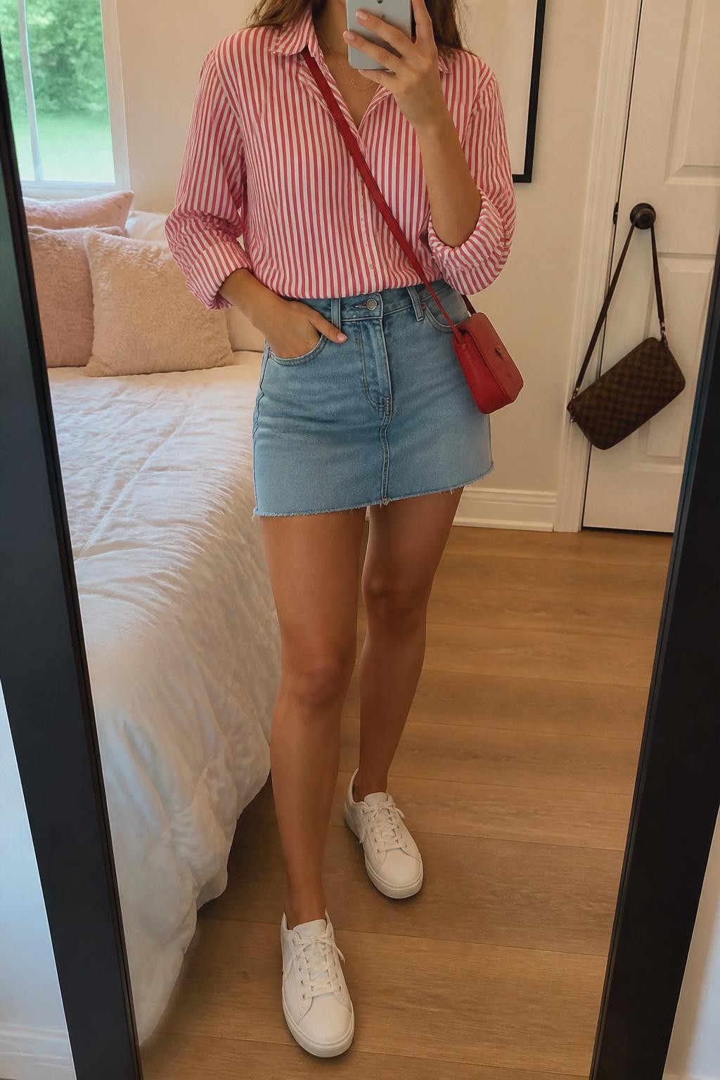 mirror selfie of a woman wearing a red and white stripe cotton shirt tucked into a light blue denim mini skirt, white low-top sneakers, red mini crossbody bag, and slim gold chain necklace, clearly showing the same clothing items, colors, fabrics, and accessories listed in the Outfit Pieces section, holding a phone in front of a mirror, cropped at NECK so the face does not show, with a relaxed casual selfie pose, in a cozy bedroom mirror setup, natural window light, including soft pillows on an unmade bed and a handbag hanging on a door handle, latest iPhone photo quality.