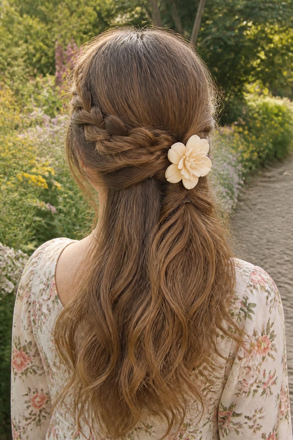 Image Prompt:
A realistic close-up back-view hairstyle photo of a woman with long light brown hair styled into a loose braided twist, one side braid wrapped into a soft twist and secured with a cream flower claw clip, loose wavy ends, small wildflowers in the background, floral dress, warm outdoor garden lighting, creative romantic hairstyle inspiration, high-resolution DSLR photo, no text, (no watermarks on images)