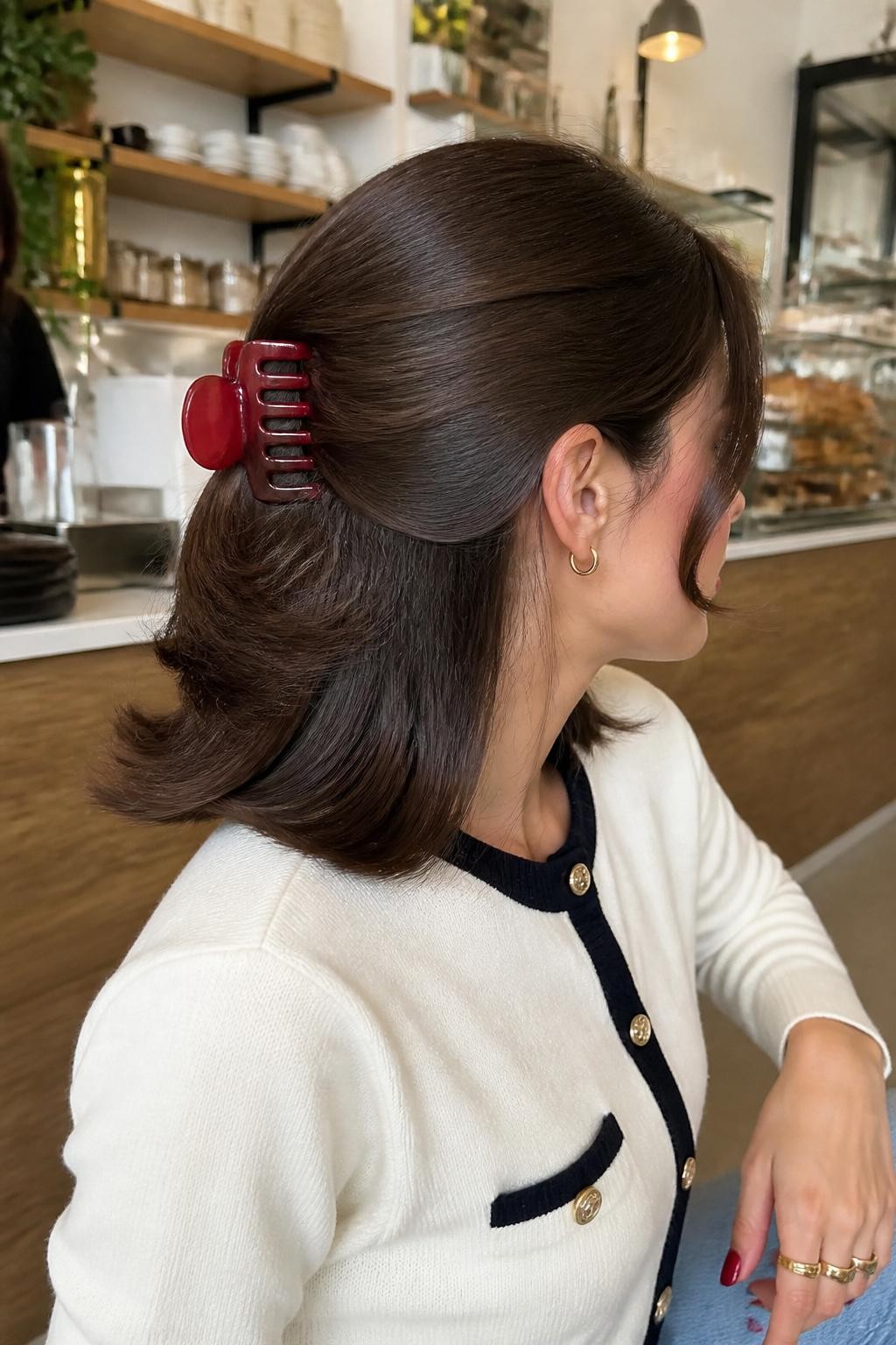 Image Prompt:
A realistic fashion-forward hairstyle photo of a woman with medium-length glossy brunette hair styled into a banana clip ponytail with flipped-out ends, soft crown volume, red banana clip, retro-inspired cardigan, bright café interior, side angle view, polished 90s hairstyle inspiration, high-resolution DSLR photo, no text, (no watermarks on images)