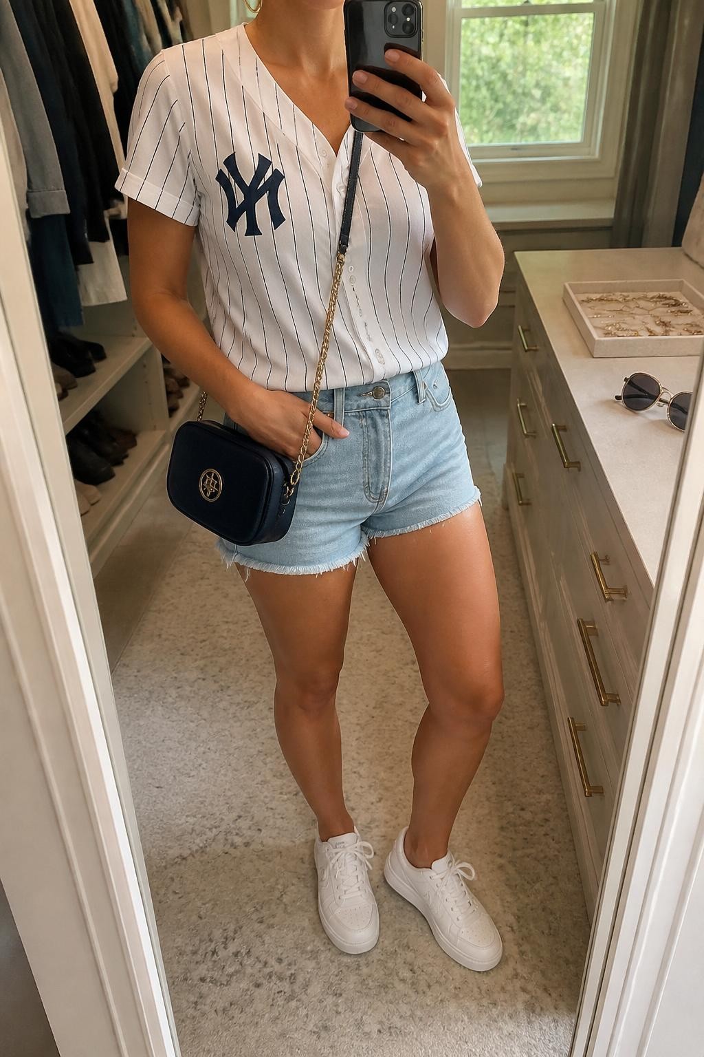 mirror selfie of a woman wearing a white pinstripe button-front baseball jersey, light wash high-rise denim shorts, white low-top sneakers, navy mini crossbody bag, and gold hoop earrings, clearly showing the same clothing items, colors, fabrics, and accessories listed in the Outfit Pieces section, holding a phone in front of a mirror, cropped at NECK so the face does not show, with a relaxed casual selfie pose, in a walk-in closet mirror, natural window light, including sunglasses placed on a dresser and a jewelry tray on the vanity, latest iPhone photo quality.