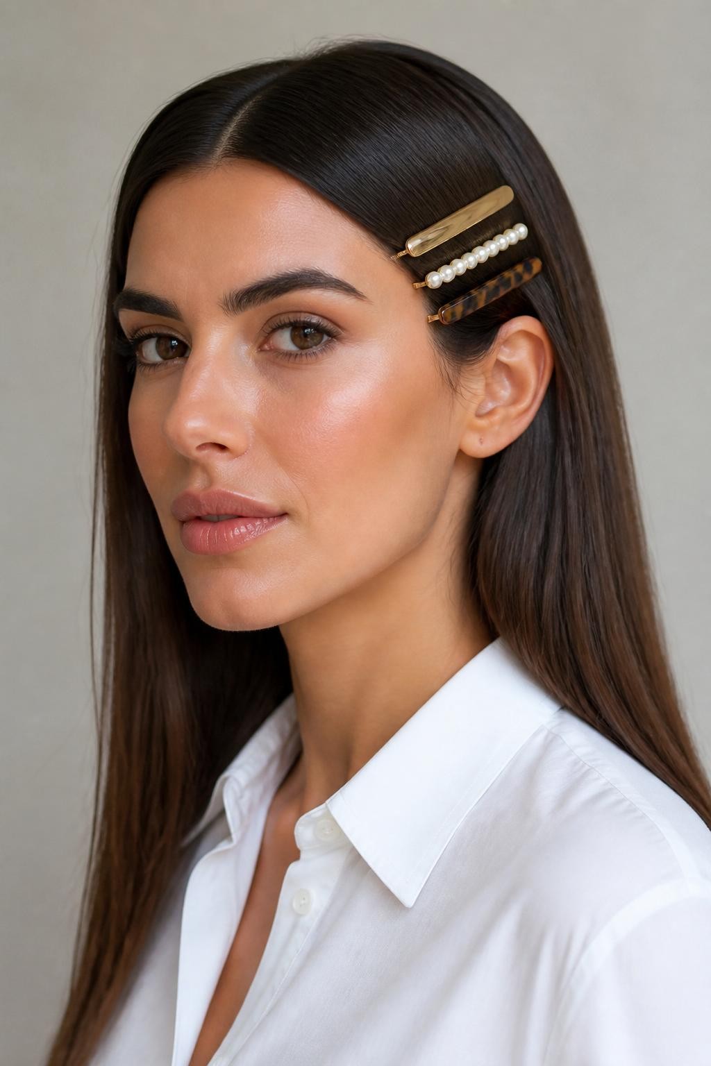 Image Prompt:
A realistic editorial beauty photo of a woman with long sleek dark brown straight hair styled with three slim flat hair clips stacked neatly on one side above the ear, mixed gold, pearl, and tortoiseshell clips, clean center part, glossy straight lengths, white tailored shirt, minimal studio background, soft neutral lighting, modern accessory-focused hairstyle inspiration, high-resolution DSLR photo, no text, (no watermarks on images)