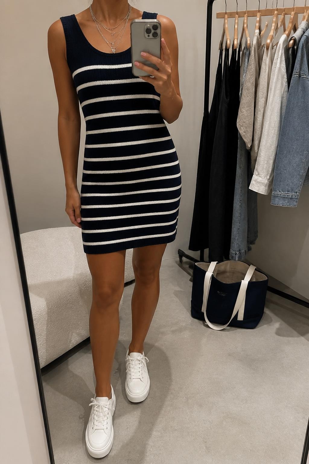 Image Prompt:
mirror selfie of a woman wearing a navy and white striped sleeveless knit dress, white platform sneakers, a navy canvas tote bag, a silver layered necklace, and slim white sunglasses, clearly showing the same clothing items, colors, fabrics, and accessories listed in the Outfit Pieces section, holding a phone in front of a mirror, cropped at NECK so the face does not show, with a relaxed casual selfie pose, in a minimal dressing room, soft indoor lighting, with a tote bag resting on the floor and a clothing rack with garments behind, natural casual mirror selfie, not staged, latest iPhone photo quality.