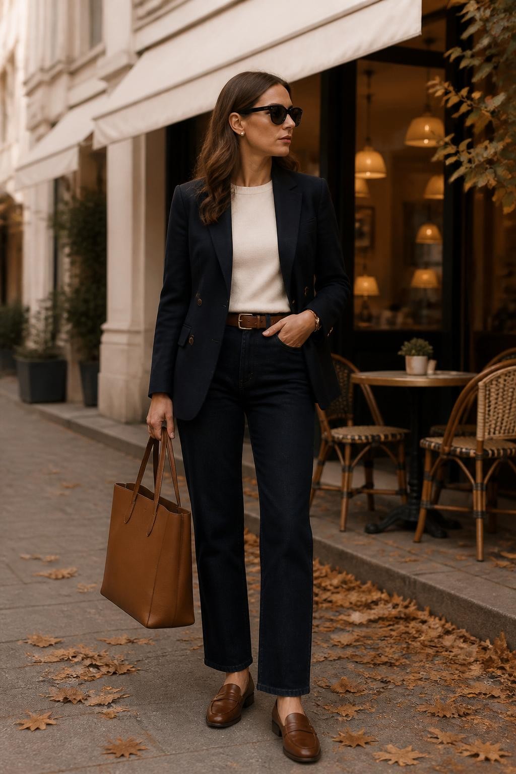 Image Prompt:
A chic old money autumn outfit featuring a woman wearing a structured navy blazer over a white crewneck knit top, dark straight-leg jeans, brown leather loafers, a slim brown belt, a tan leather tote bag, pearl stud earrings, and black sunglasses. She is standing outside a small café with cream awnings, warm window light, fallen autumn leaves, and a polished city style mood. Realistic DSLR editorial street style photography, clean classic fall outfit, no text, no watermark.