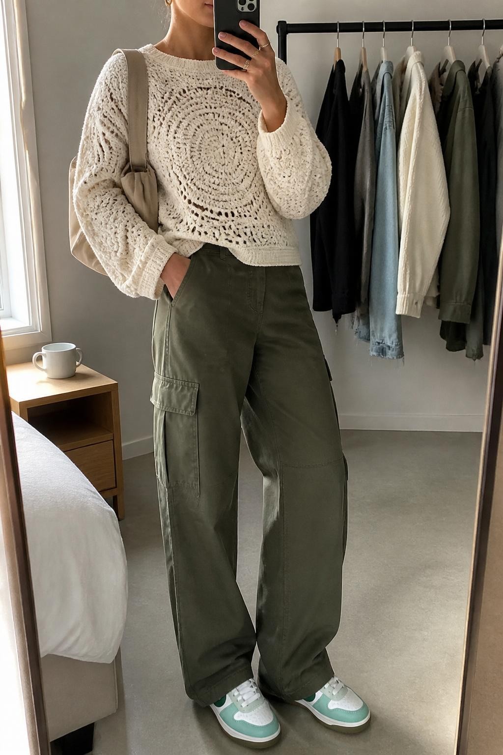mirror selfie of a woman wearing an ivory spiral crochet sweater with chunky circular crochet pattern, olive relaxed cargo pants, white and green retro sneakers, beige nylon shoulder bag, and small gold hoop earrings, clearly showing the same clothing items, colors, fabrics, and accessories listed in the Outfit Pieces section, holding a phone in front of a mirror, cropped at NECK so the face does not show, with a relaxed casual selfie pose, in a minimal dressing room, natural window light, including a clothing rack with garments behind and a coffee mug on a bedside table, latest iPhone photo quality.