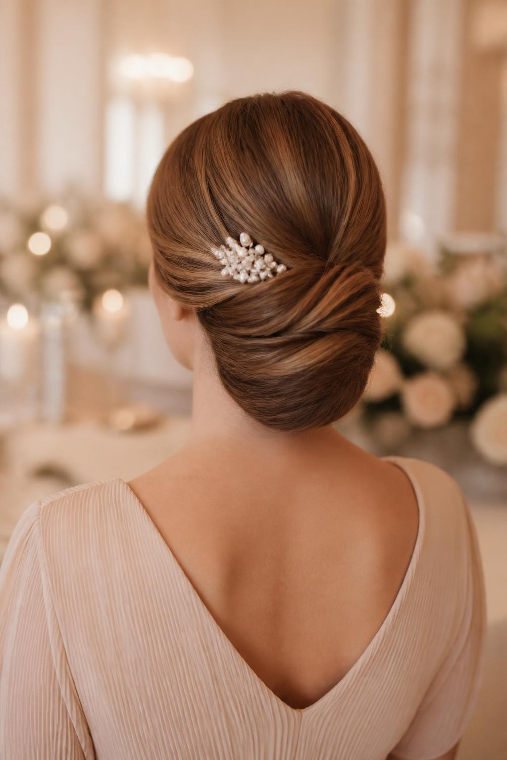 Image Prompt:
A realistic back-view editorial beauty photo of a woman with medium-long dark blonde hair styled into a tucked low roll updo for a wedding guest hairstyle, hair softly folded inward into a clean low roll, smooth crown with gentle volume, pearl hair comb at one side, ivory and blush wedding venue background, warm soft lighting, refined feminine hairstyle inspiration, high-resolution DSLR photography, no text, (no watermarks on images)