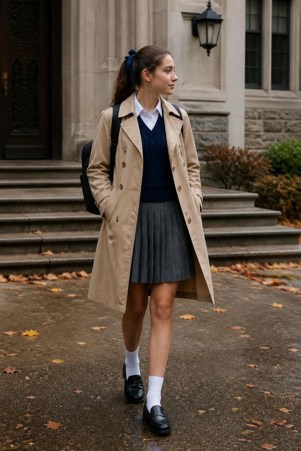 Image Prompt:
A lovely old money school outfit featuring a teen girl wearing a beige trench coat over a white collared shirt, navy knit vest, gray pleated skirt, black loafers, white crew socks, a structured black backpack, small pearl studs, and a neat ponytail with a navy ribbon. She is walking outside a school building on a cloudy autumn morning with fallen leaves, stone steps, and classic academic architecture. Realistic DSLR editorial fashion photo, full-body outfit, polished school styling, no text, no watermark.