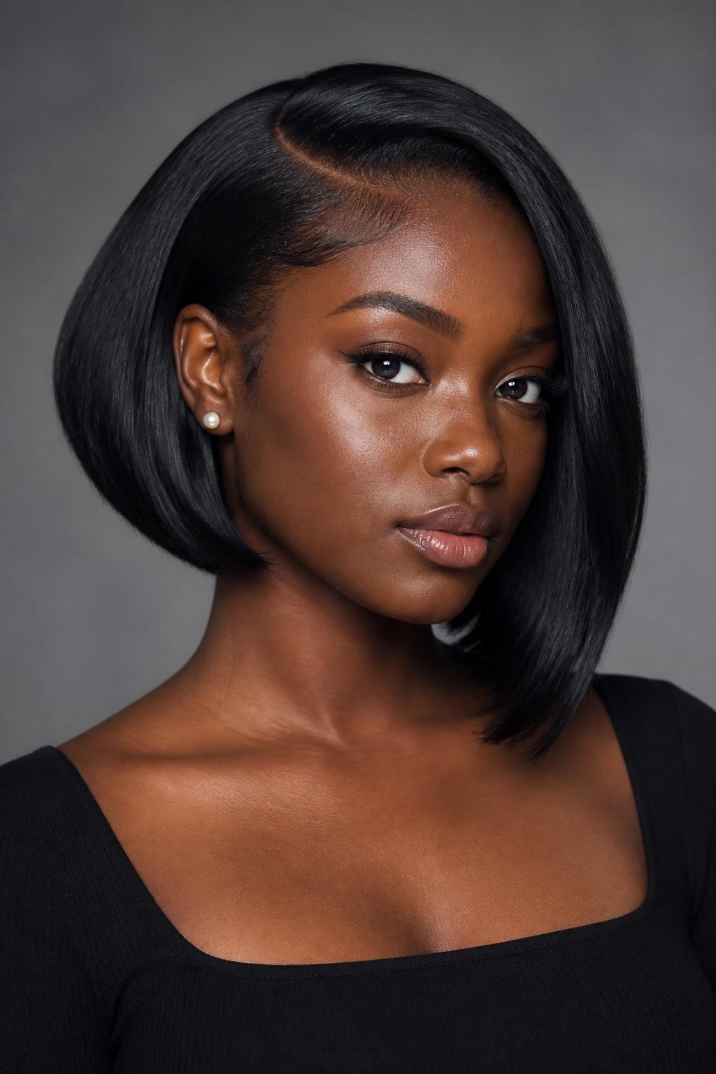 A realistic beauty portrait of a Black woman with rich dark skin wearing a sleek jet black stacked angled bob, glossy but natural-looking straight hair, clean stacked nape with rounded volume, sharp longer front pieces falling just below the chin, deep side part, smooth roots, ends curved slightly inward, softly styled baby hairs, pearl stud earrings, black square-neck top, photographed against a soft gray studio backdrop with gentle shadows, realistic skin texture, detailed hairline, polished editorial hairstyle photo, no plastic-like shine.