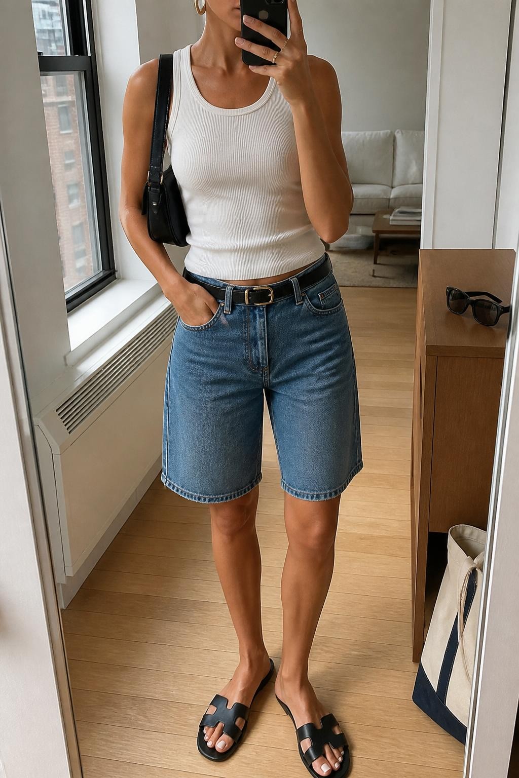 Outfit Image Prompt:
mirror selfie of a woman wearing a fitted white ribbed tank top, medium-wash denim Bermuda shorts, black leather belt, black flat sandals, small black shoulder bag, and chunky gold hoop earrings, holding a phone in front of a mirror, cropped at NECK so the face does not show, relaxed NYC street style selfie pose, in a stylish city apartment, natural window light, with sunglasses placed on a dresser and a tote bag resting on the floor, natural skin texture, realistic latest iPhone photo quality, casual not overly polished.