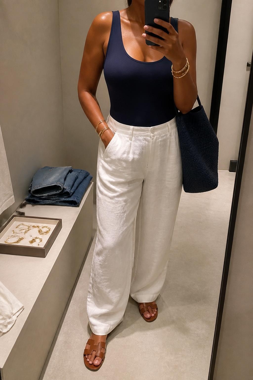 mirror selfie of a Black woman wearing a navy one-piece swimsuit styled as a bodysuit, white linen trousers, brown leather flat sandals, navy woven tote bag, and gold layered bracelets, clearly showing the same clothing items, colors, fabrics, and accessories listed in the Outfit Pieces section, holding a phone in front of a mirror, cropped at NECK so the face does not show, with a relaxed casual selfie pose, in a minimal dressing room, evening golden hour, including a jewelry tray on the vanity and folded denim jeans on a bench, latest iPhone photo quality.