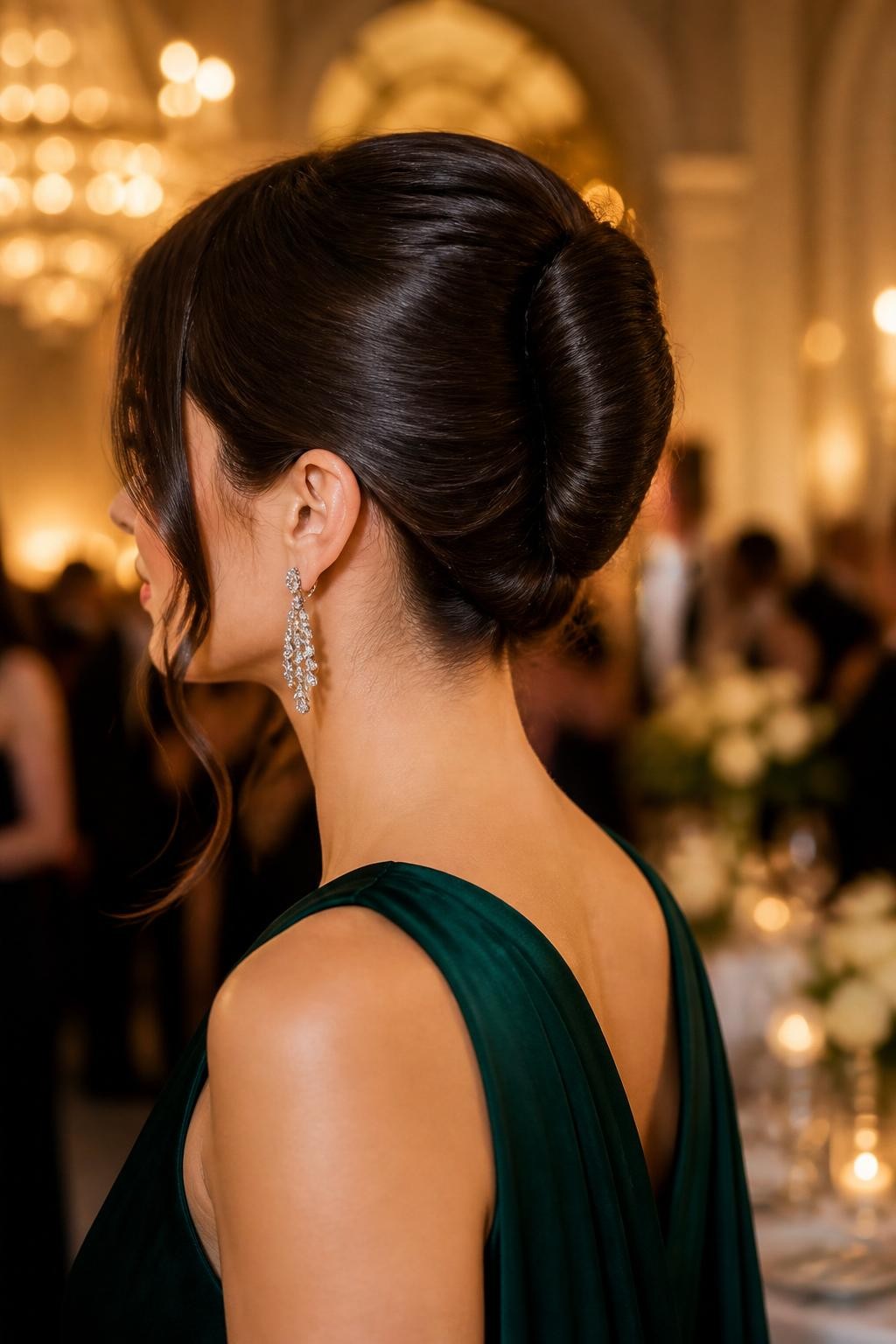 Image Prompt:
A realistic editorial hairstyle photo of a woman with dark glossy brunette hair styled into a sleek French twist for a wedding guest hairstyle, smooth crown, clean side part, soft tucked finish at the back, crystal earrings, emerald formal gown, luxury ballroom wedding background, warm ambient lighting, polished elegant hairstyle inspiration, high-resolution DSLR photography, no text, (no watermarks on images)