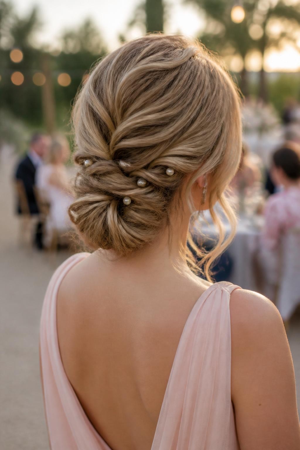 Image Prompt:
A realistic back-view hairstyle photo of a woman with long honey blonde hair styled into a romantic twisted low bun, soft side twists flowing into the bun, delicate pearl pins scattered through the twist, loose curled pieces at the front, blush wedding guest dress, outdoor garden wedding background, golden hour light, dreamy feminine hairstyle inspiration, high-resolution DSLR photo, no text, (no watermarks on images)