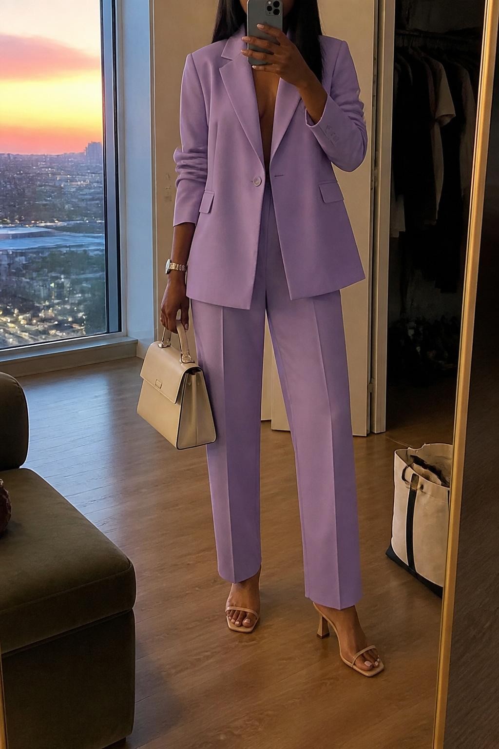 mirror selfie of a black woman wearing a lilac pastel blazer with matching tailored trousers, nude minimal heeled mules, a cream structured handbag, and sleek straight hair, holding a phone in front of a mirror, cropped at NECK so face doesn't show, with a natural casual selfie pose, in a city apartment, evening golden hour, including small lived-in details like an open closet behind and a tote bag on the floor, latest iPhone photo quality (no watermarks on images)