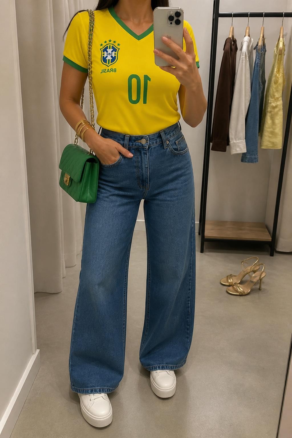 mirror selfie of a woman wearing a fitted yellow Brazil soccer jersey, medium blue high-waisted wide-leg jeans, white platform sneakers, green quilted shoulder bag, and gold bangle bracelet, clearly showing the same clothing items, colors, fabrics, and accessories listed in the Outfit Pieces section, holding a phone in front of a mirror, cropped at NECK so the face does not show, with a relaxed casual selfie pose, in a minimal dressing room, soft indoor lighting, including a clothing rack with garments behind and a pair of heels on the floor nearby, latest iPhone photo quality.