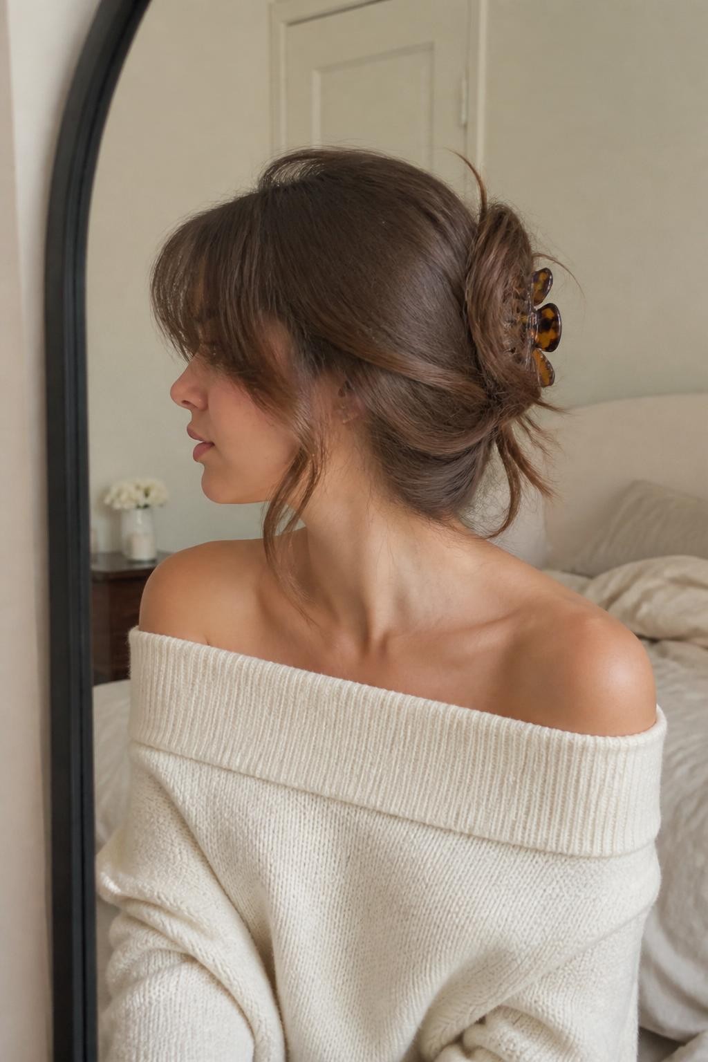 Image Prompt:
A realistic beauty photo of a woman with medium-length chestnut brown layered hair and curtain bangs styled into a messy claw clip twist, bangs softly parted and framing the cheeks, tortoiseshell claw clip holding the back, loose bends through the ends, cream off-shoulder sweater, warm bedroom mirror setting, feminine casual hairstyle inspiration, natural light, DSLR photo, no text, (no watermarks on images)