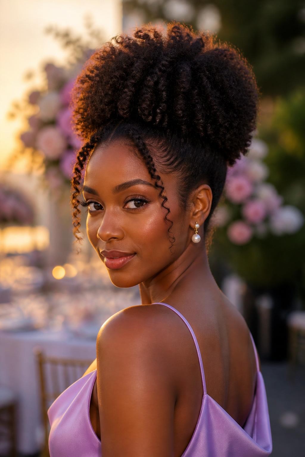 Image Prompt:
A realistic beauty portrait of a black woman with coily natural hair styled into a high curly puff updo for a wedding guest look, full rounded puff shape, softly laid edges, a few curly tendrils at the front, pearl earrings, warm brown skin, lilac satin dress, elegant outdoor wedding setting with blurred florals, warm sunset lighting, cute polished natural hair inspiration, high-resolution DSLR photo, no text, (no watermarks on images)