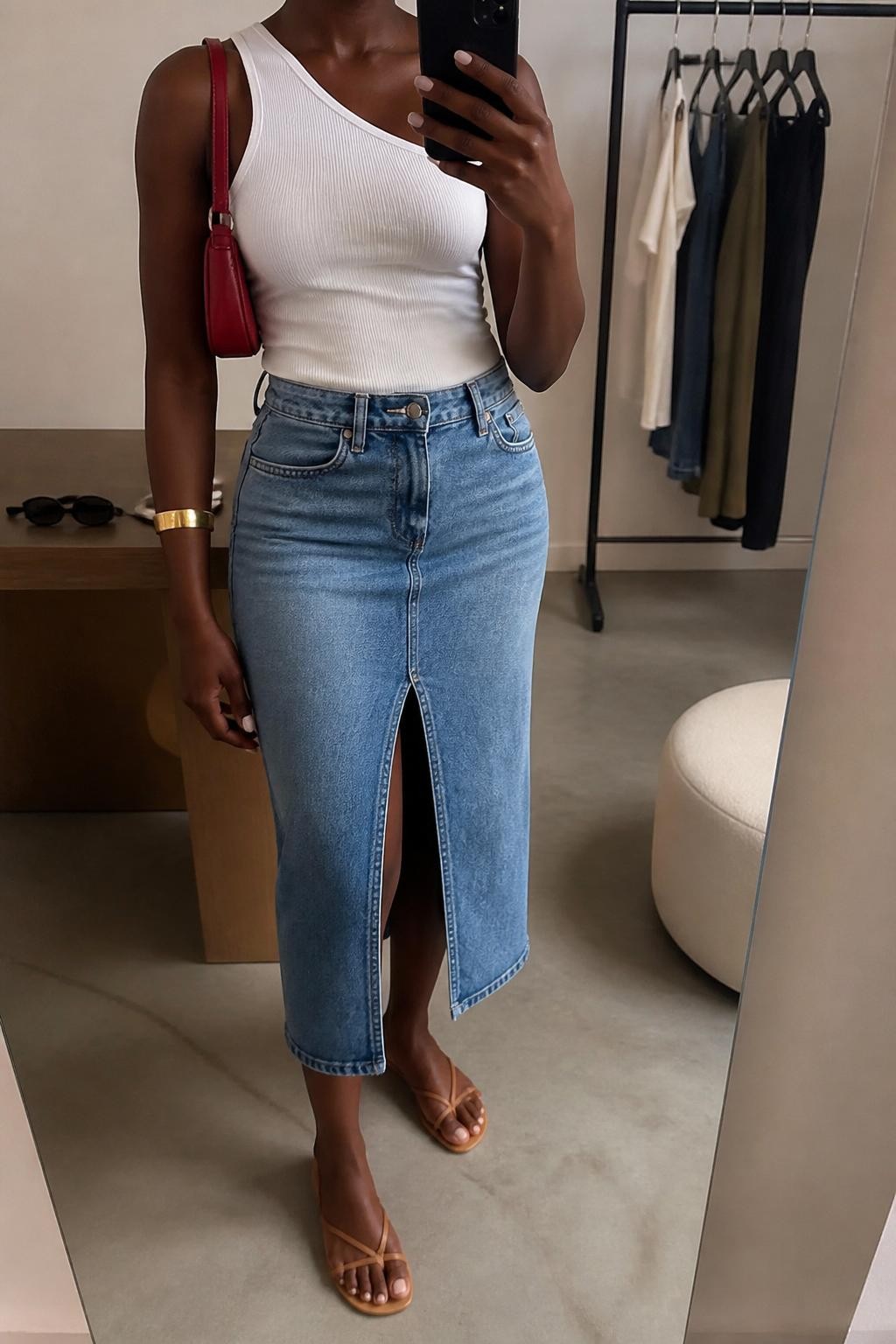 Outfit Image Prompt:
mirror selfie of a Black woman with rich deep brown skin wearing a white fitted one-shoulder top, medium-wash denim midi skirt with a front slit, tan strappy flat sandals, a small red shoulder bag, and gold cuff bracelet, holding a phone in front of a mirror, cropped at NECK so the face does not show, relaxed casual selfie pose, in a minimal dressing room, soft indoor lighting, with sunglasses placed on a dresser and a clothing rack with garments behind, realistic latest iPhone photo quality, natural skin texture, casual polished styling.