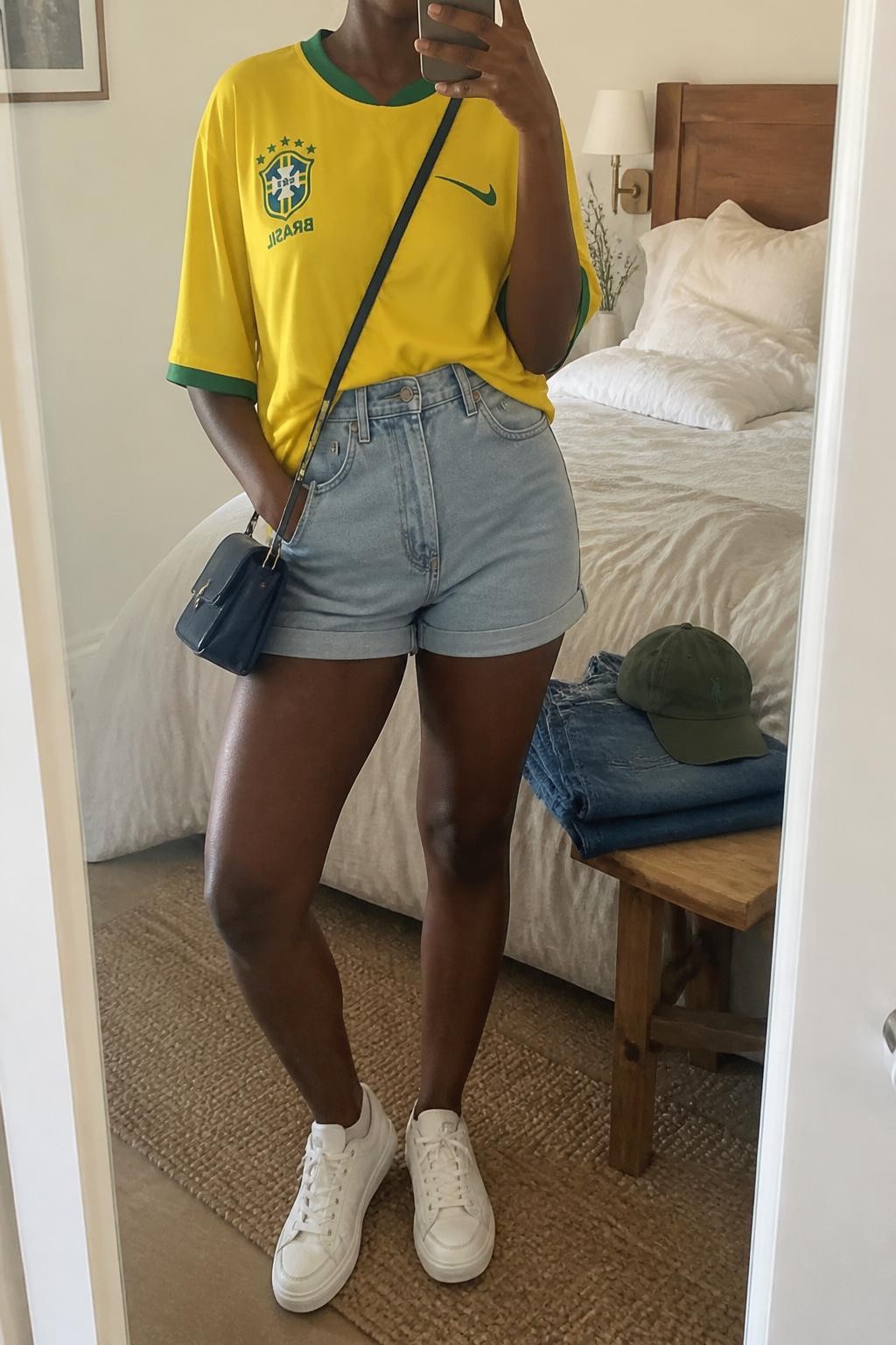 mirror selfie of a Black woman wearing an oversized yellow Brazil soccer jersey, light wash high-rise denim shorts, white low-top sneakers, navy mini crossbody bag, and green baseball cap, clearly showing the same clothing items, colors, fabrics, and accessories listed in the Outfit Pieces section, holding a phone in front of a mirror, cropped at NECK so the face does not show, with a relaxed casual selfie pose, in a cozy bedroom mirror setup, soft indoor lighting, including soft pillows on an unmade bed and folded denim jeans on a bench, latest iPhone photo quality.