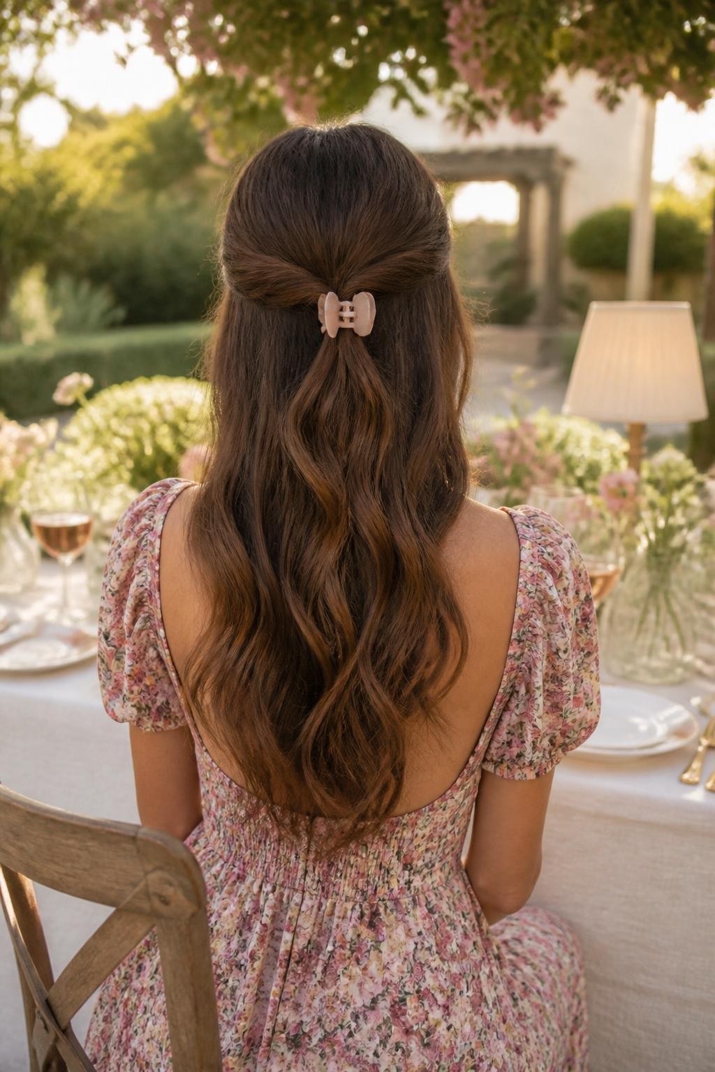 Image Prompt:
A realistic back-view beauty photo of a woman with long chestnut brown hair styled with two soft crown twists meeting at the back and secured with a flat blush claw clip, loose soft waves flowing down the back, floral midi dress, garden brunch background, golden hour light, romantic feminine hairstyle inspiration, high-resolution DSLR photo, no text, (no watermarks on images)