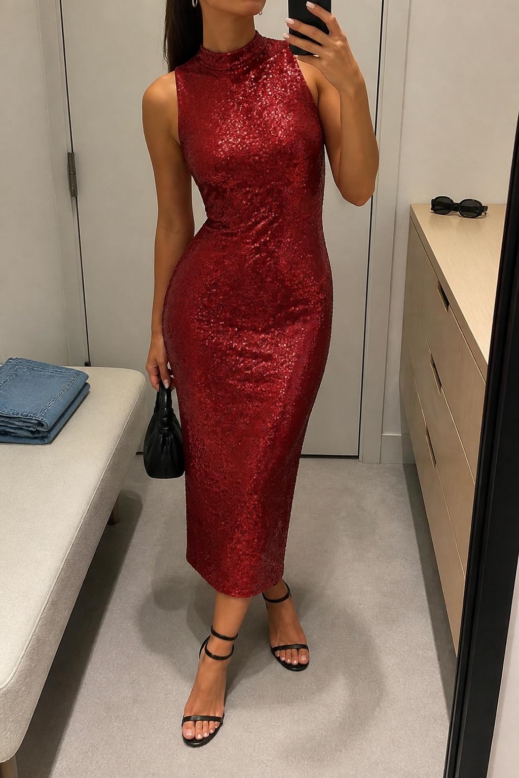 mirror selfie of a woman wearing a red sequin column midi cocktail dress, minimal black heeled sandals, small silver hoop earrings, a black satin mini bag, and a sleek high ponytail with soft smoky eye makeup, clearly showing the same clothing items, colors, fabrics, and accessories listed in the Outfit Pieces section, holding a phone in front of a mirror, cropped at NECK so the face does not show, with a relaxed casual selfie pose, in a minimal dressing room, soft indoor lighting, including folded denim jeans on a bench and sunglasses placed on a dresser, latest iPhone photo quality.