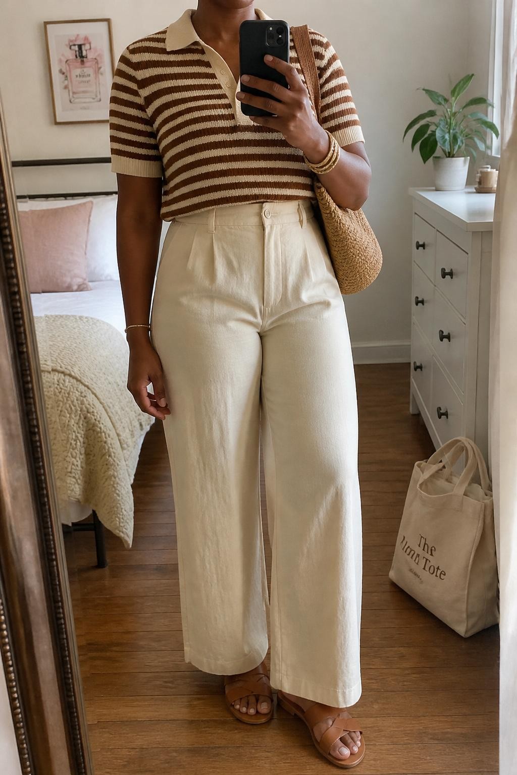 mirror selfie of a Black woman wearing a brown and cream striped knit polo shirt, cream high-waisted linen pants, brown leather flat sandals, woven straw shoulder bag, and gold layered bracelets, clearly showing the same clothing items, colors, fabrics, and accessories listed in the Outfit Pieces section, holding a phone in front of a mirror, cropped at NECK so the face does not show, with a relaxed casual selfie pose, in a feminine-themed bedroom, natural window light, including a small plant on a dresser and a cream tote bag resting on the floor, latest iPhone photo quality.