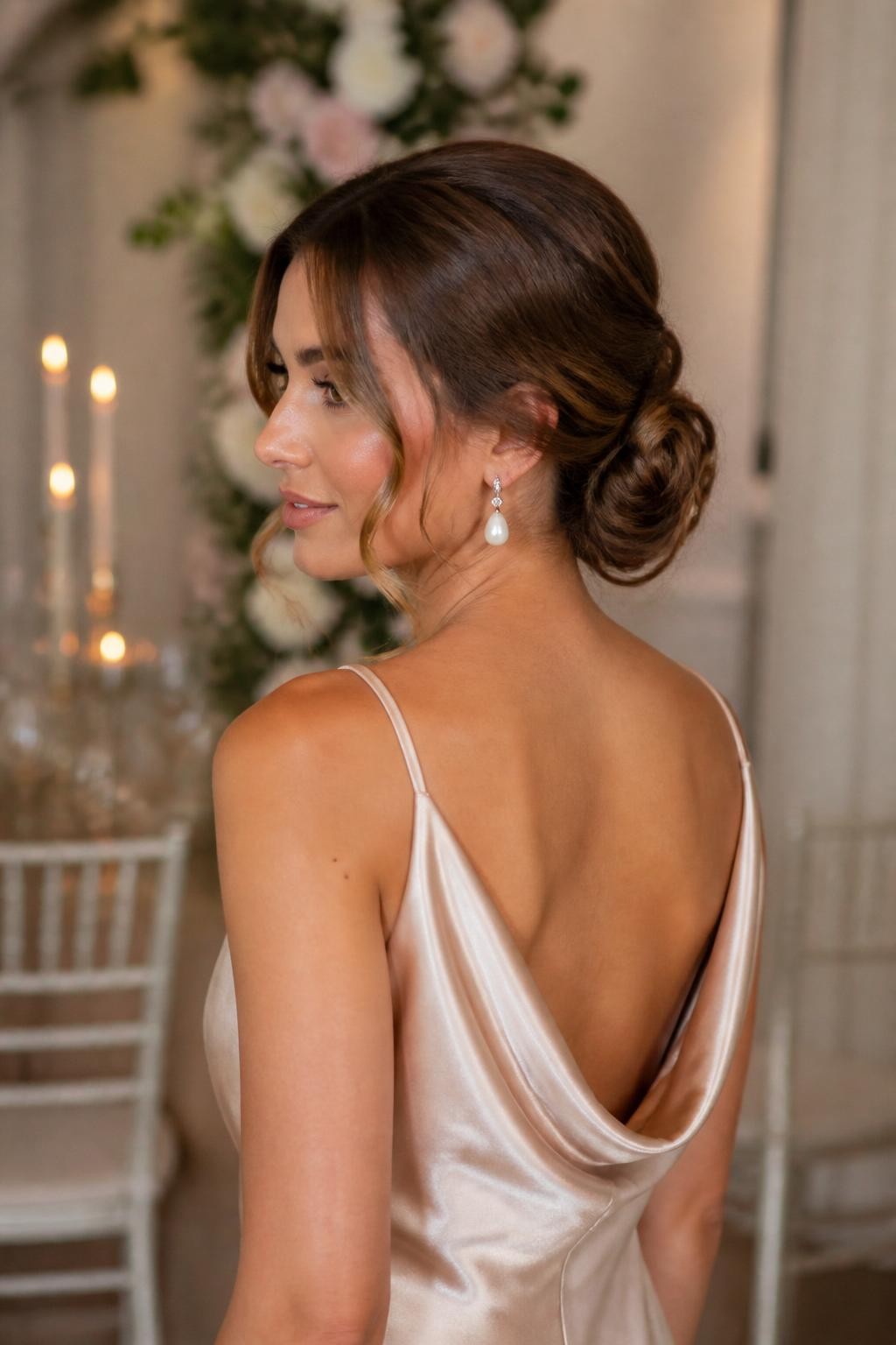 Image Prompt:
A realistic editorial beauty photo of a woman with medium-long chestnut brown hair styled into a soft low chignon for a wedding guest look, gentle center part, loosely gathered bun at the nape, soft face-framing curled tendrils around the cheeks, pearl drop earrings, champagne satin dress, elegant indoor wedding venue with blurred florals and candlelight, warm flattering lighting, feminine polished hairstyle inspiration, high-resolution DSLR photography, no text, (no watermarks on images)