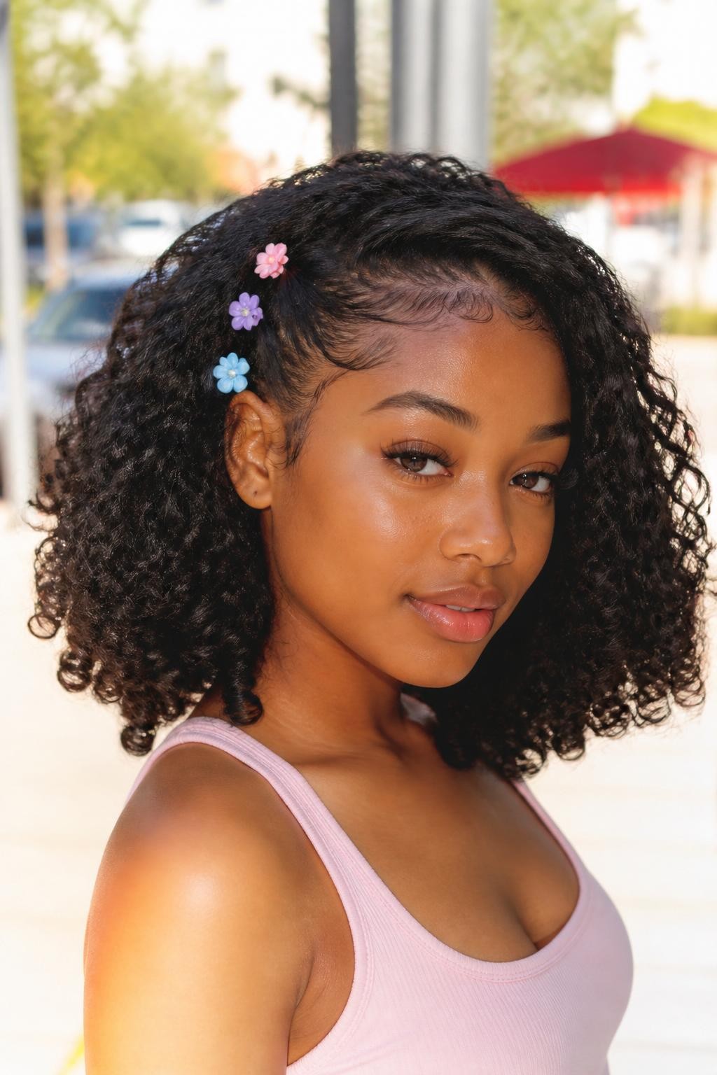 Image Prompt:
A realistic youthful beauty portrait of a black woman with medium-length curly hair styled with three tiny flower claw clips placed along one side near the temple, defined curls left loose and full, soft baby hairs, warm brown skin, pastel tank top, sunny outdoor street background, playful creative curly hairstyle inspiration, bright natural light, high-resolution DSLR photo, no text, (no watermarks on images)